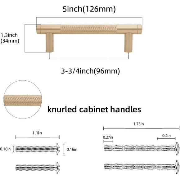 Kitchen Cabinet Hardware 10 Pack 3.75" Handle Gold Champagne Knurled Drawer Pull - Picture 2 of 5